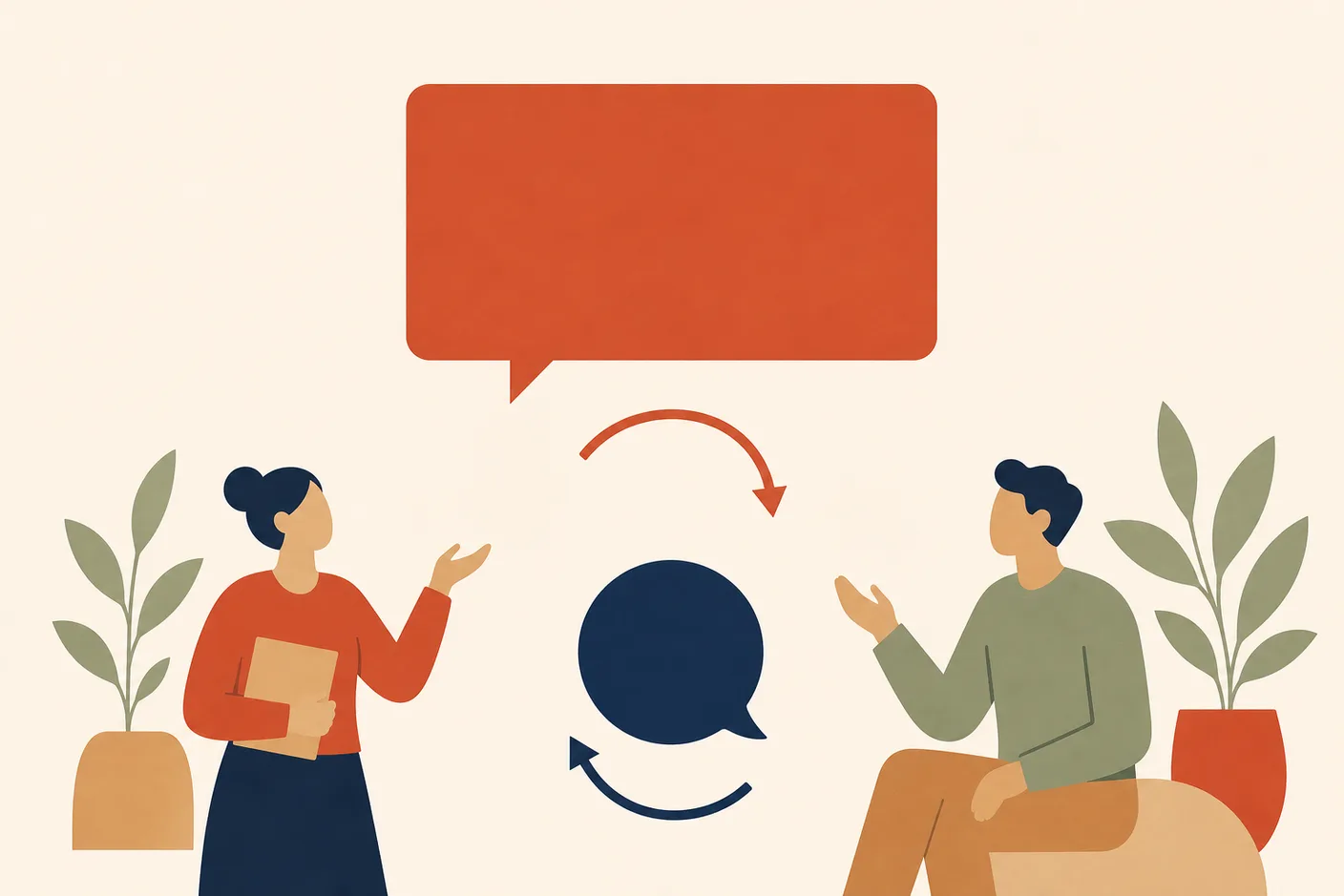 Illustration of a large formal speech bubble above and a small casual round one below, connected by a curved switch arrow