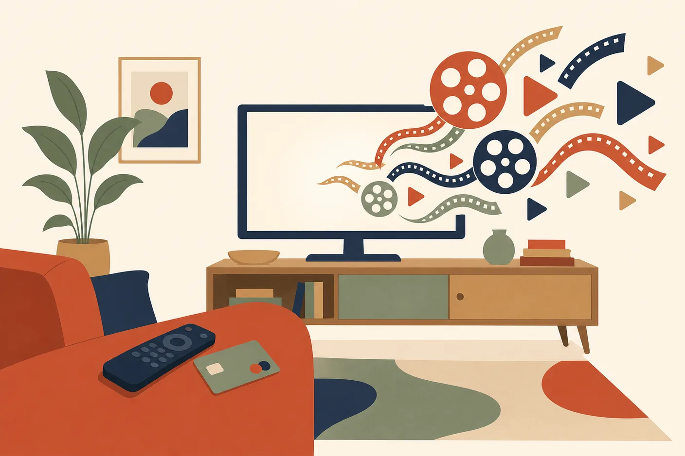 Illustration of a living room television glowing warmly with abstract film reels and play triangles floating out of it, a remote control and a bank card resting on the sofa arm
