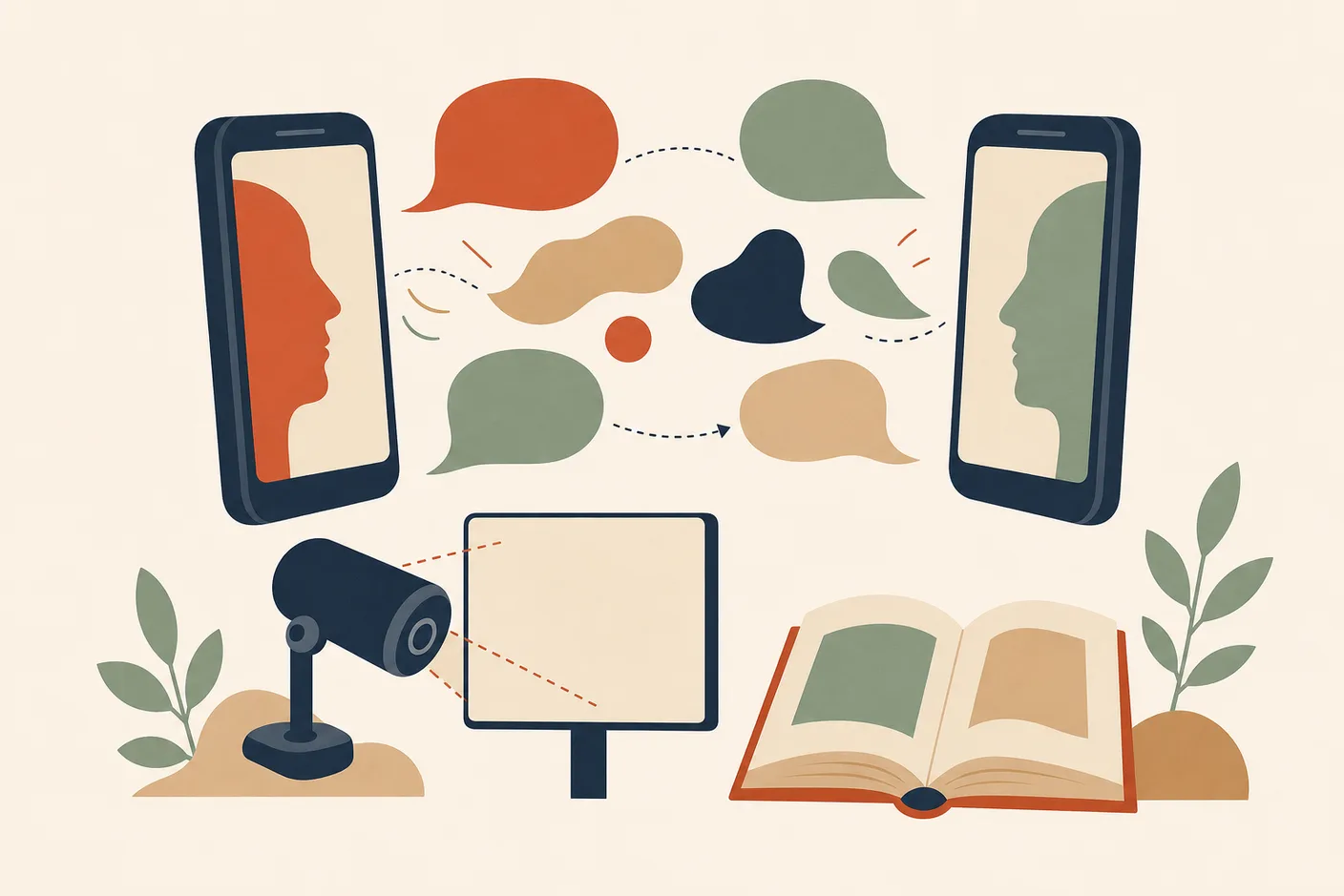 Illustration of two smartphones facing each other exchanging abstract speech bubbles whose shapes transform between them, a camera lens scanning a blank signboard, a small open dictionary book underneath