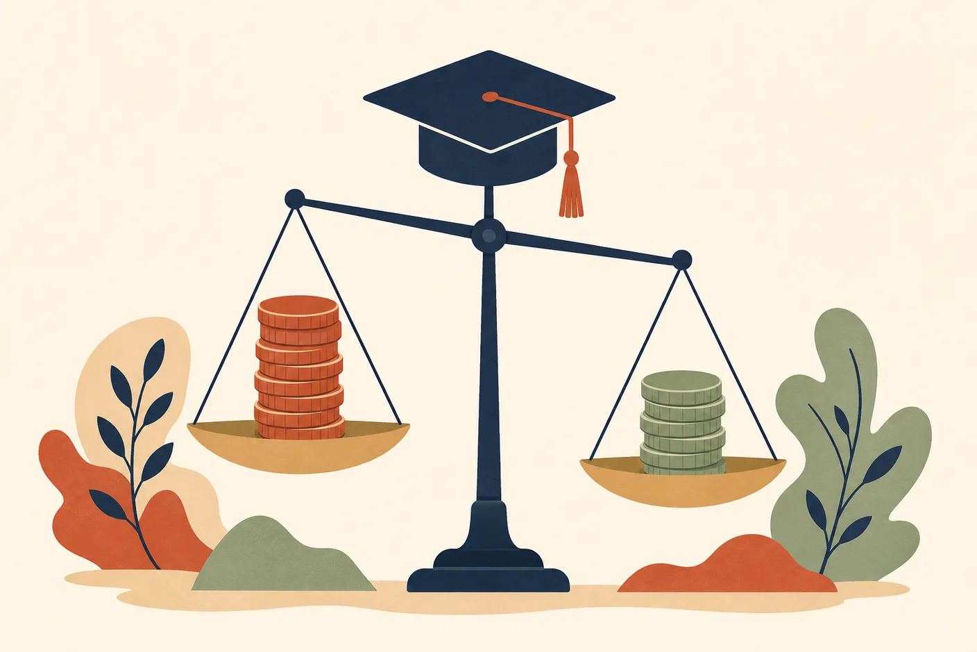 Illustration of a balance scale comparing two columns of coins, a graduation cap hanging above the beam