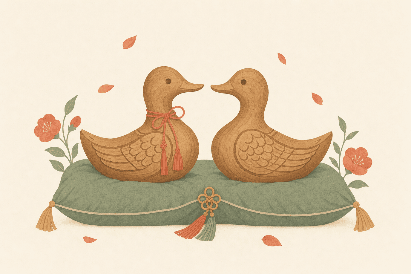 Illustration of a pair of Korean wooden wedding ducks on a silk cushion