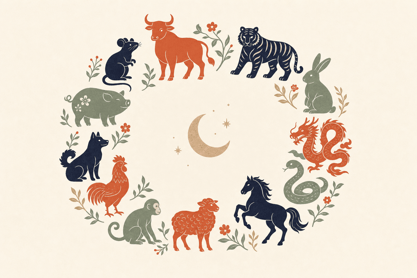 Illustration of the twelve zodiac animals arranged in a circle around a moon