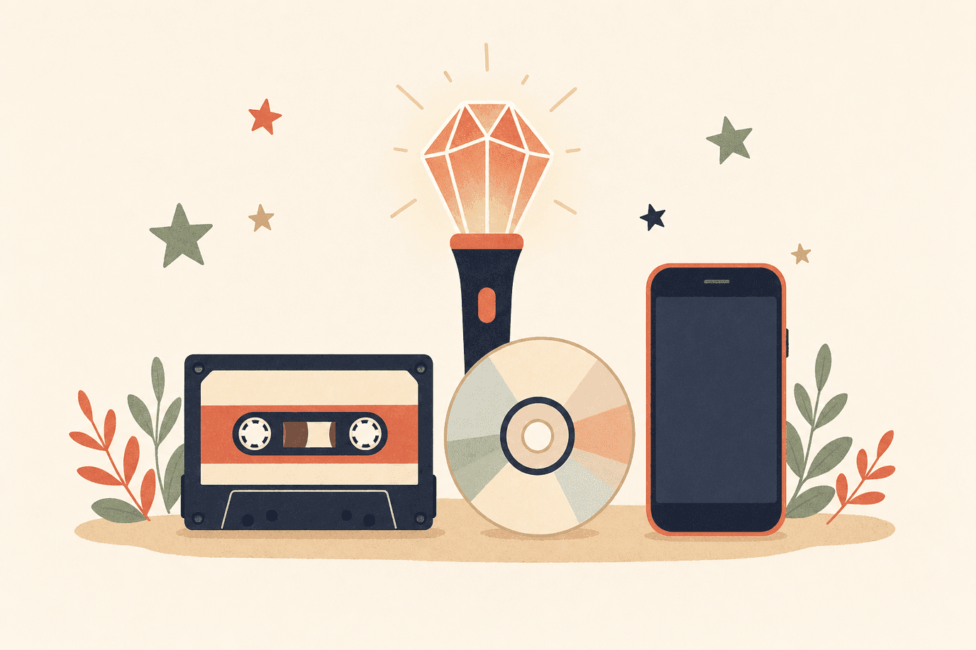 Illustration of a cassette, CD, smartphone, and concert light stick showing K-pop generations
