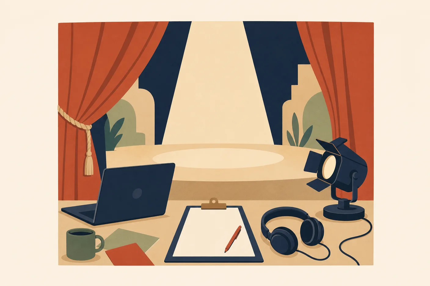 Illustration of a backstage desk with a laptop, a clipboard, headphones and a small stage spotlight, seen from behind the curtain with an empty lit stage beyond