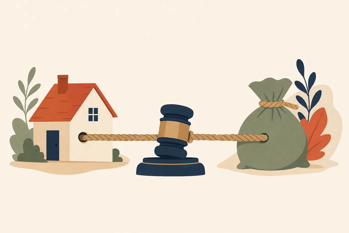 Illustration of a tug-of-war rope stretched between a house and a money bag, a gavel resting in the middle