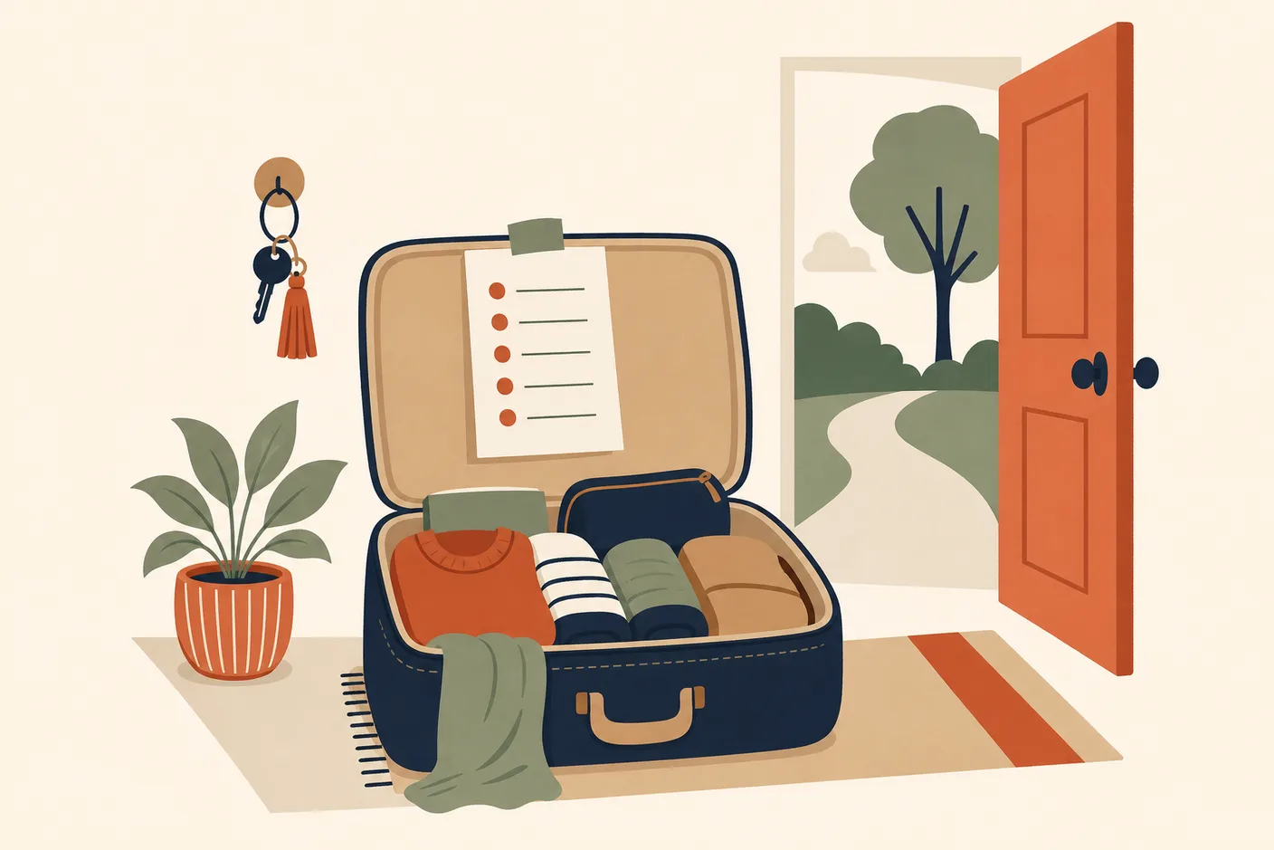 Illustration of a packed suitcase at an open door, a checklist taped to it, keys left hanging on a wall hook