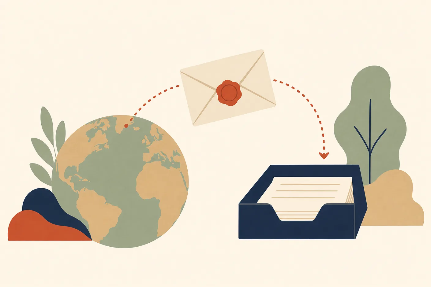 Illustration of an envelope with a wax-style seal traveling along a dotted arc over a globe toward a document tray
