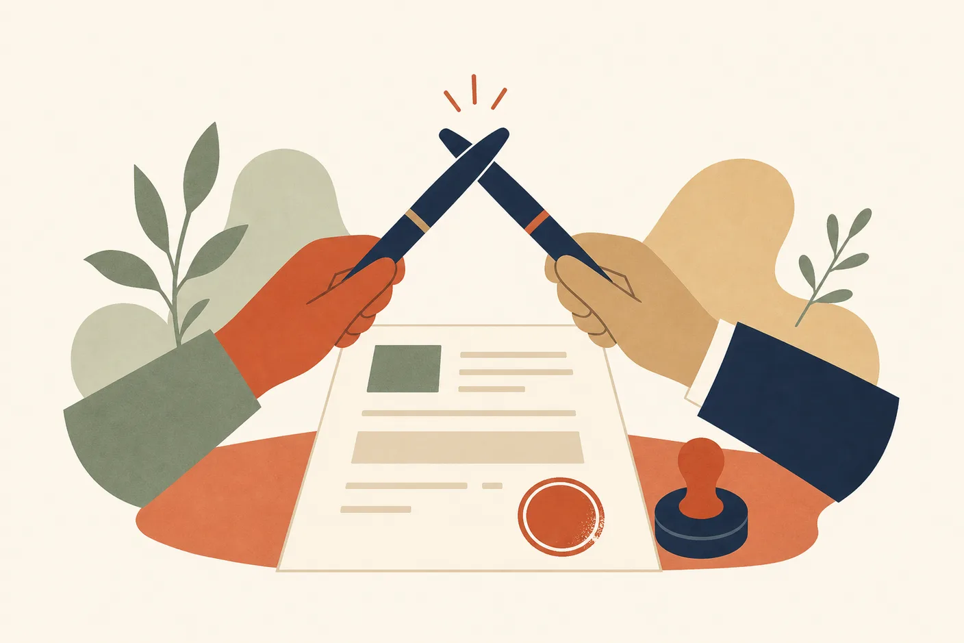 Illustration of a registration form with a round stamp, two pens crossed above it like a toast