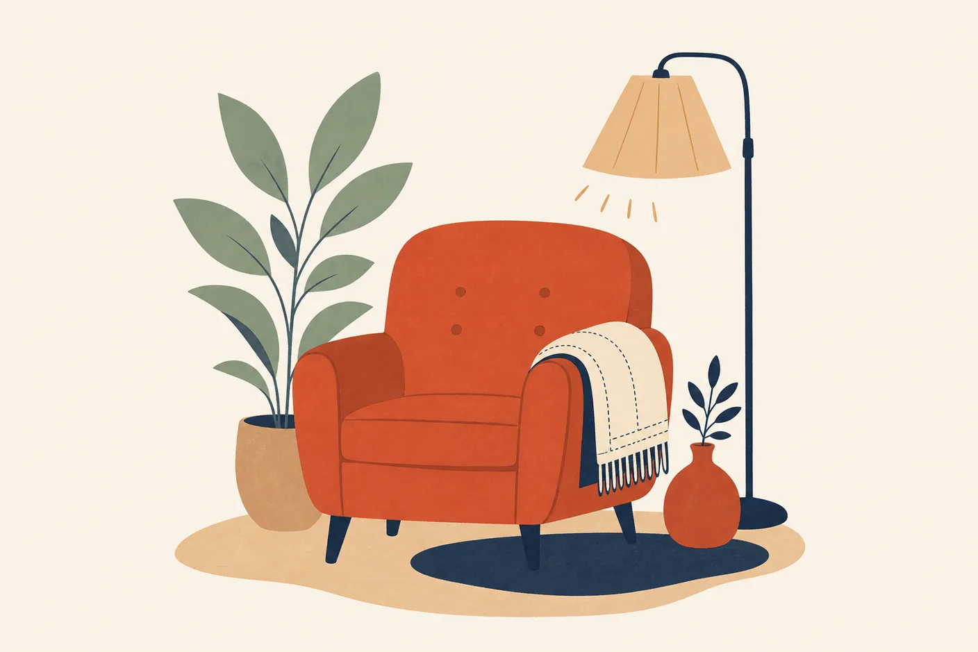 Illustration of a comfortable armchair beside a potted plant and a warm lamp, a soft blanket folded on the armrest