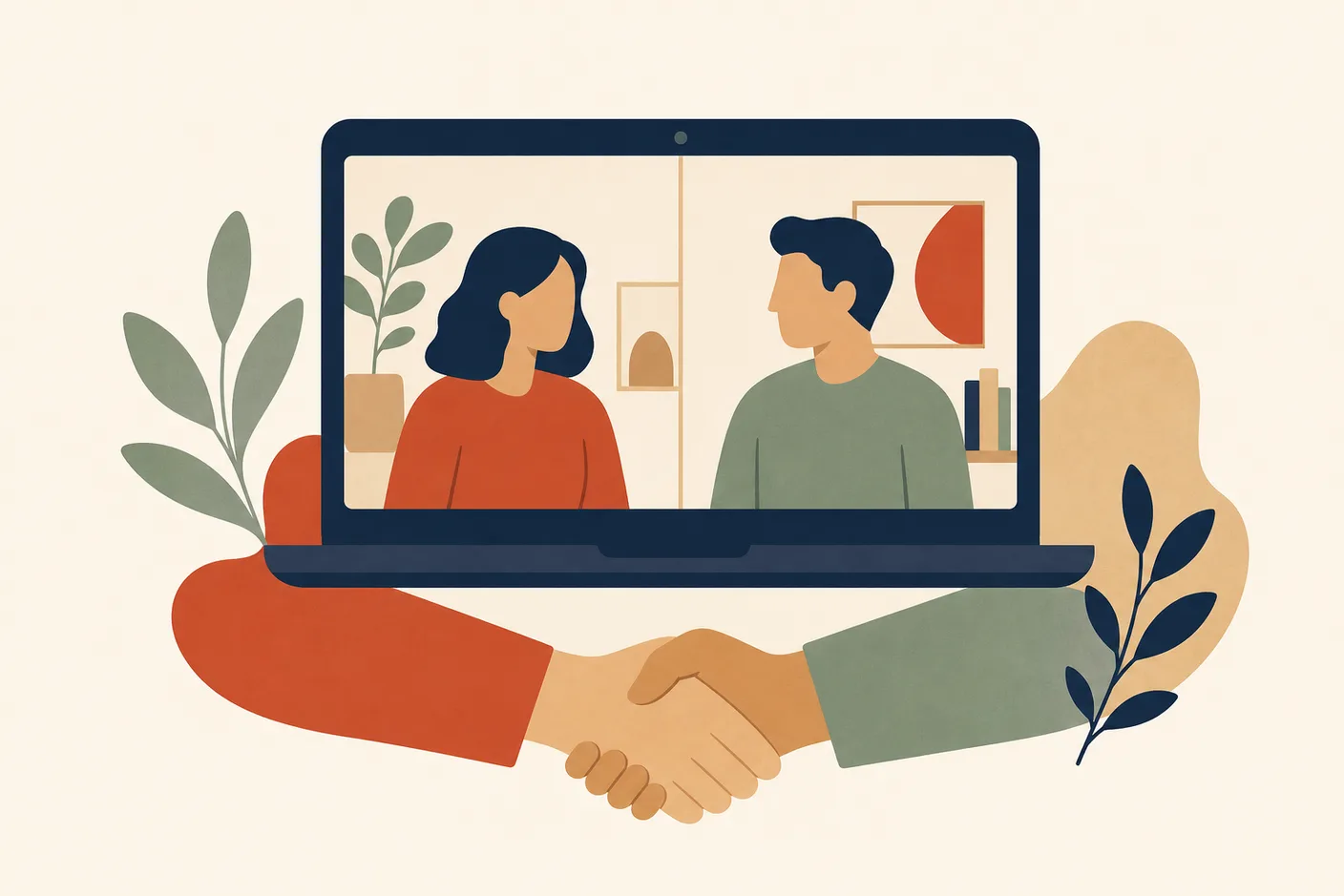 Illustration of a laptop showing a video-call window with a handshake icon beneath it