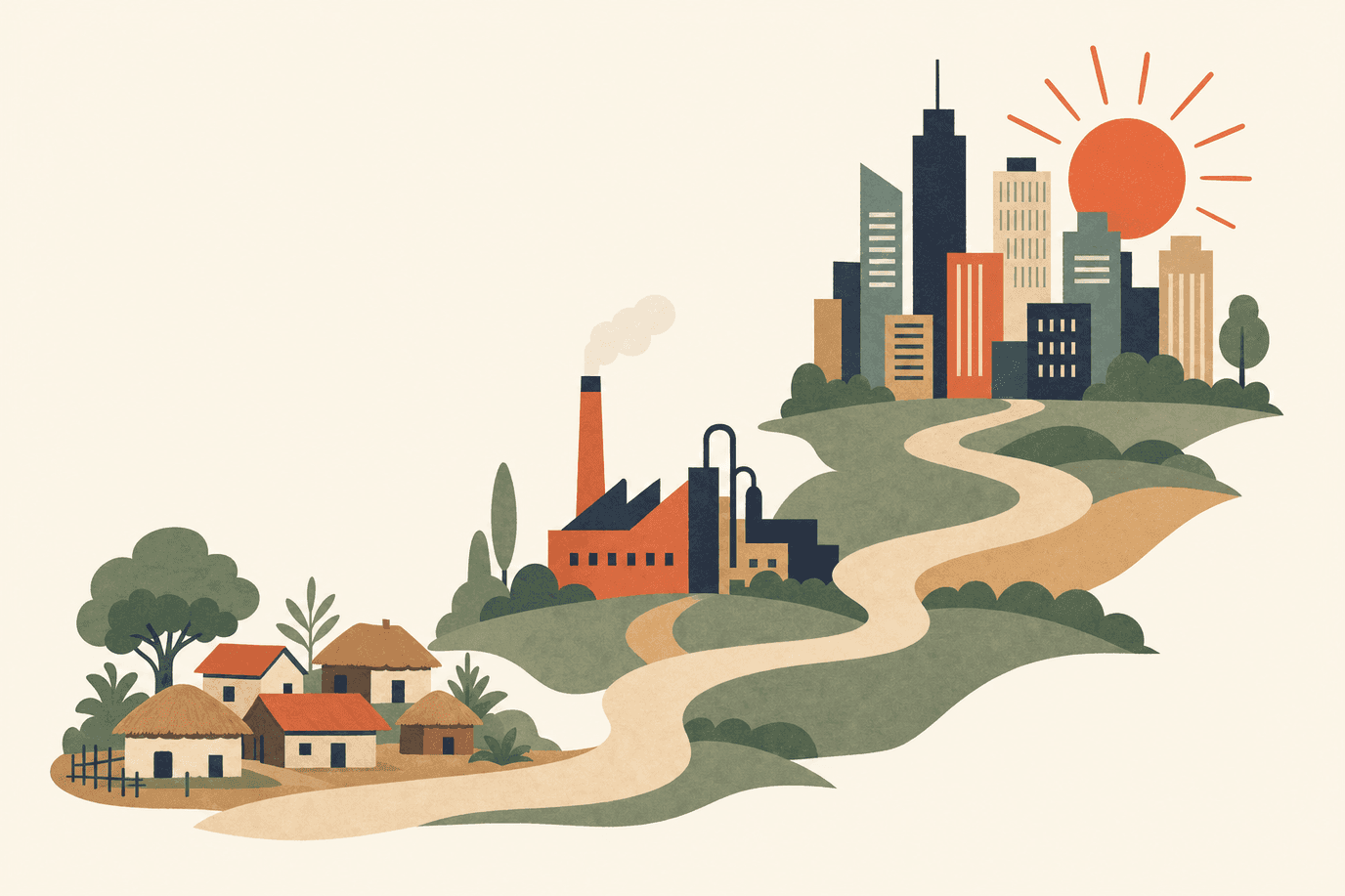 Illustration of a road rising from a village past a factory to a modern skyline