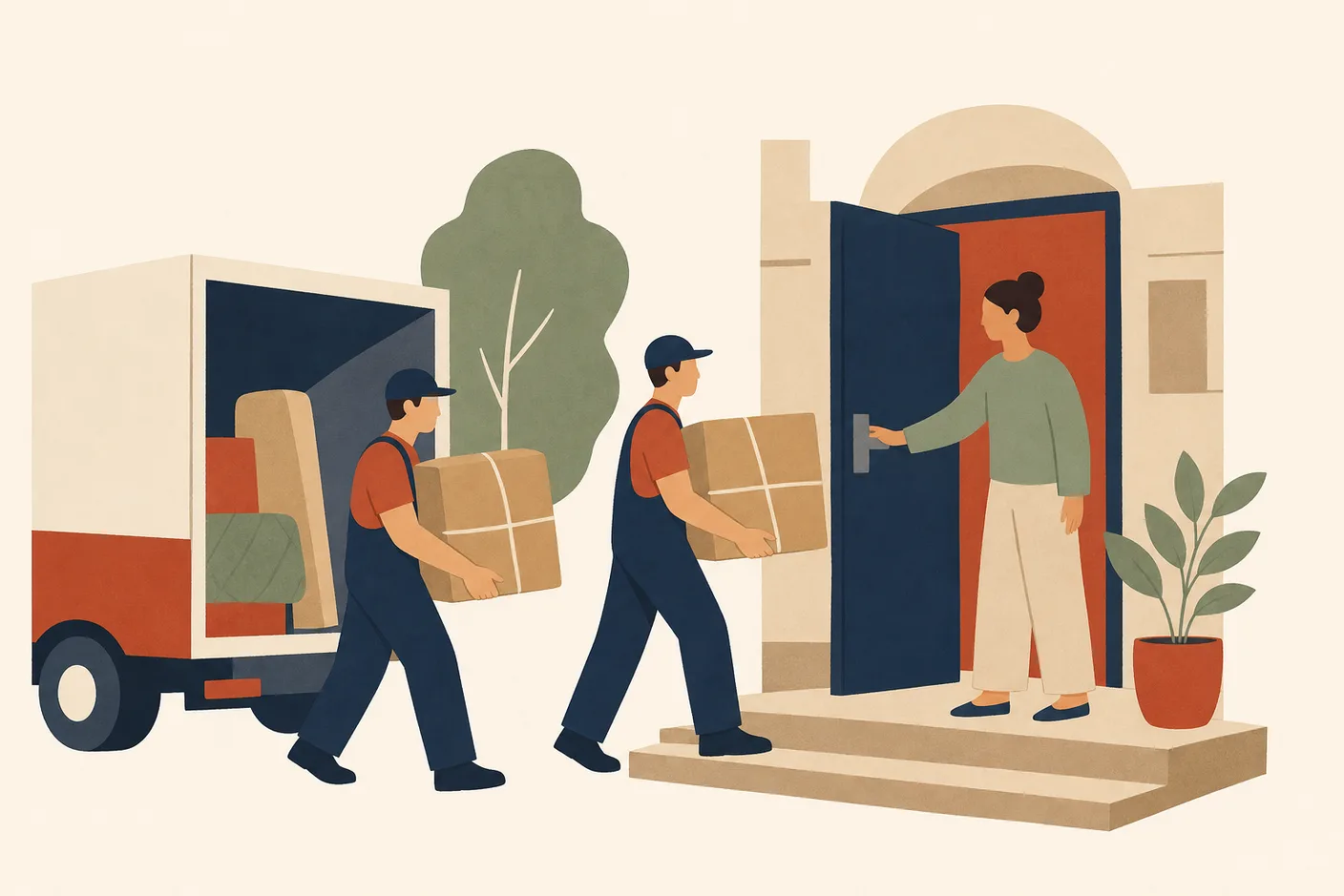 Illustration of two movers carrying wrapped boxes from a small truck into an apartment building entrance, with a resident holding a door open and a potted plant on the step