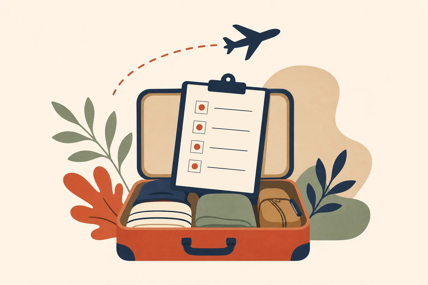 Illustration of an open suitcase with a checklist clipboard resting on top and an airplane silhouette arcing overhead