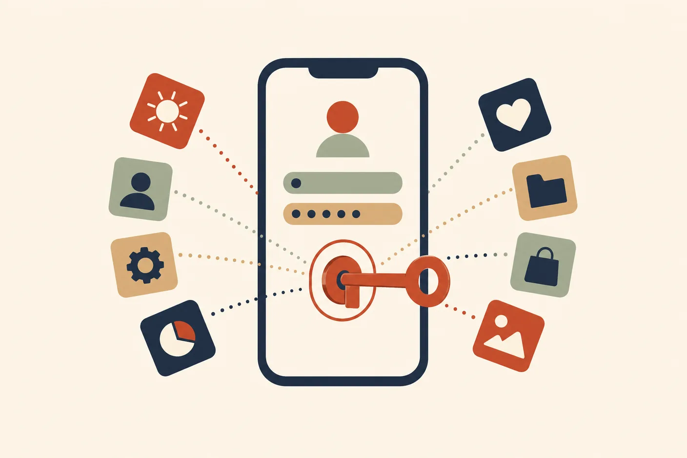 Illustration of a login form on a phone screen with a single key turning in its centre, several small app tiles unlocking outward from it in a fan