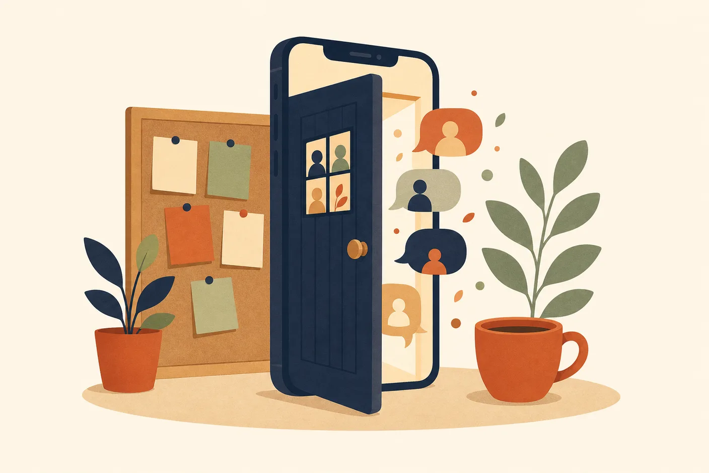 Illustration of a smartphone standing like a clubhouse door slightly ajar with warm light and chat bubbles spilling out, a corkboard with pinned blank notes and a coffee cup beside it