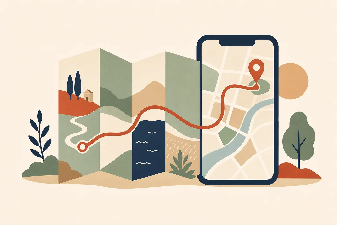 Illustration of a folded paper map unfolding into a phone screen, a route line running across both and ending at a location pin
