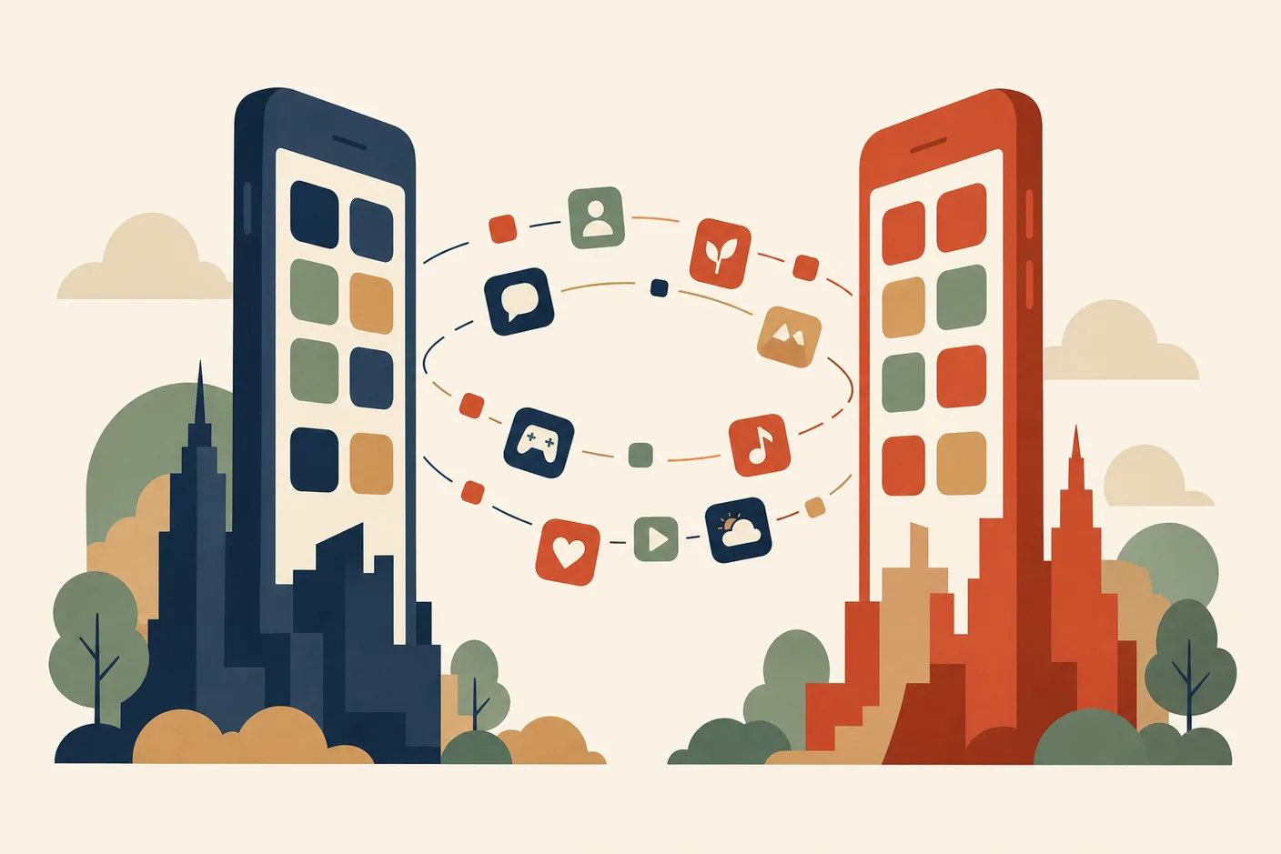Illustration of two rival smartphone towers facing each other with small app tiles orbiting between them