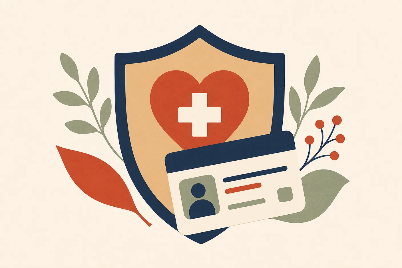 Illustration of a health insurance card resting on a shield with a heart-and-cross emblem