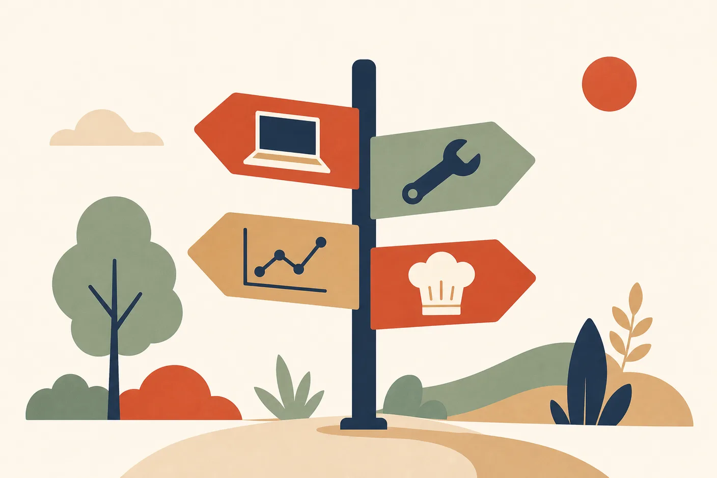 Illustration of a signpost with arrows carrying different tool icons: laptop, wrench, chart line, and chef hat