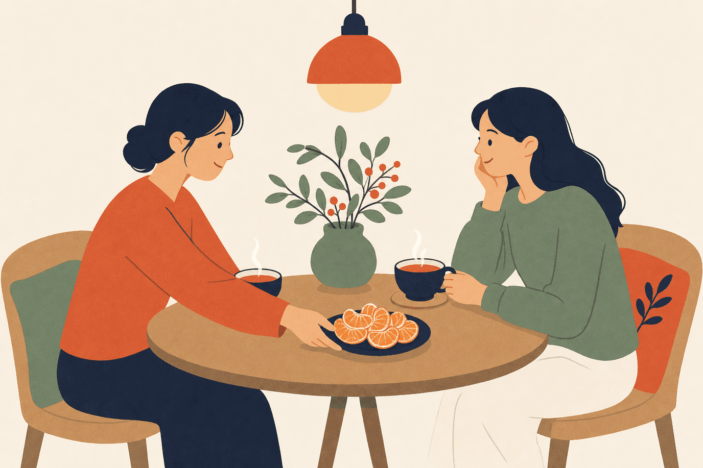 Illustration of shared tea and a plate of tangerines being offered across a table