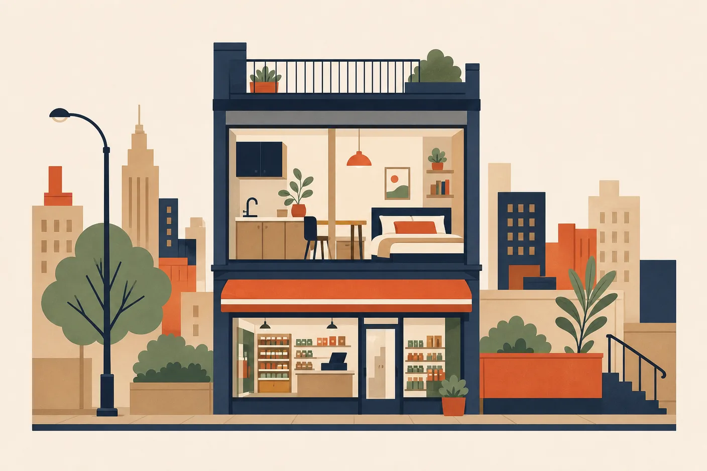 Illustration of a compact officetel building with a ground-floor convenience store on a city street, and a tidy studio interior with a small kitchenette and bed seen through a window