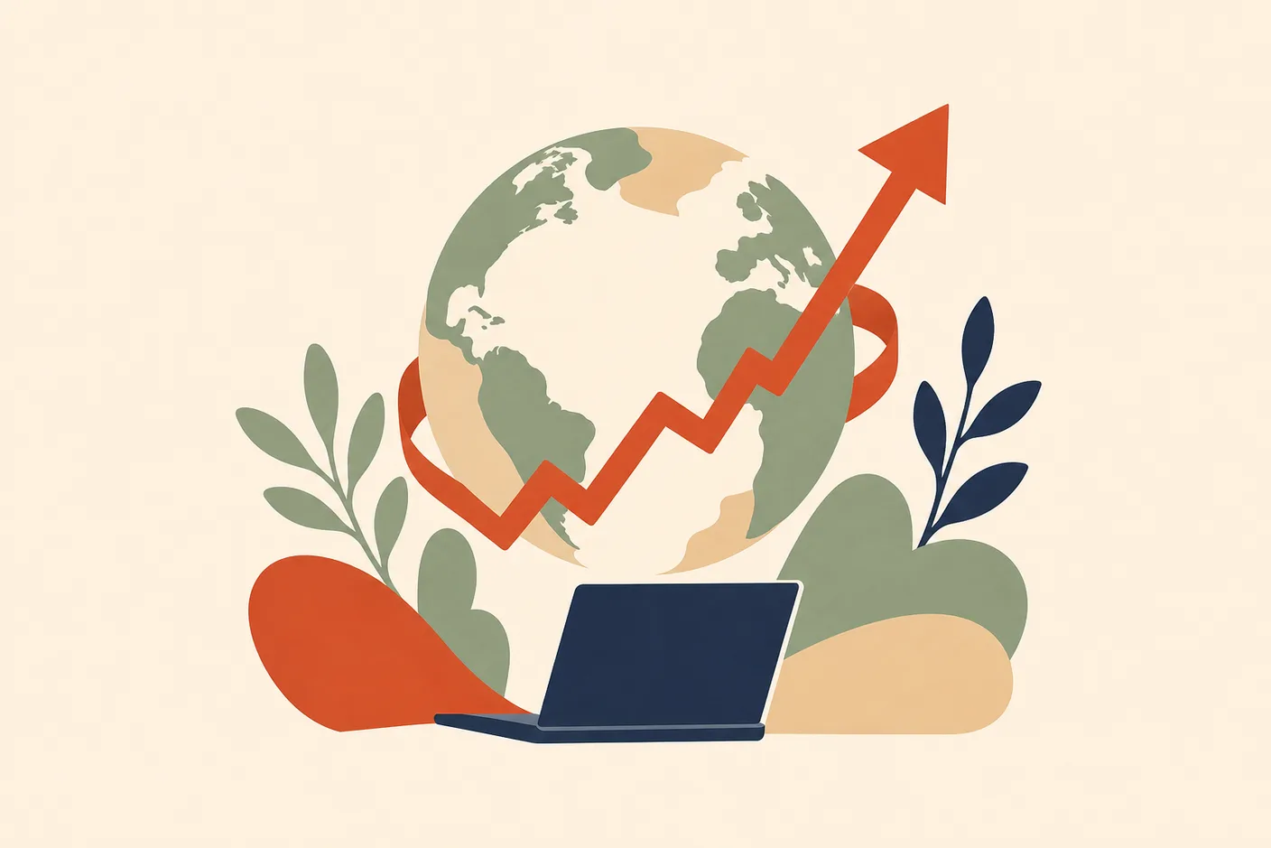 Illustration of a globe wrapped by a rising line chart, a small laptop open beneath it