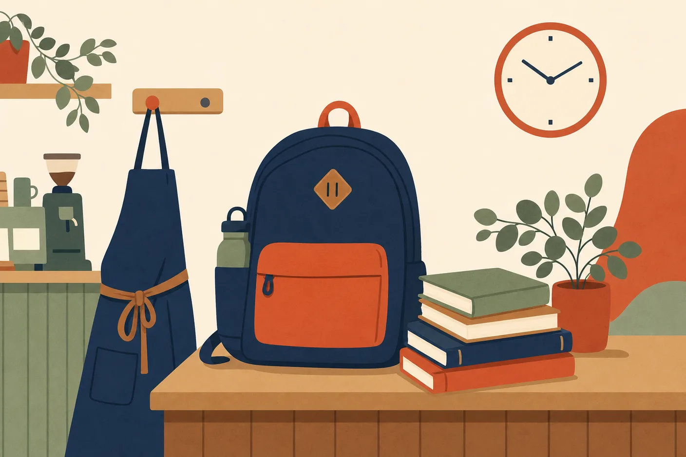 Illustration of a student backpack on a cafe counter beside an apron, a stack of textbooks and a wall clock