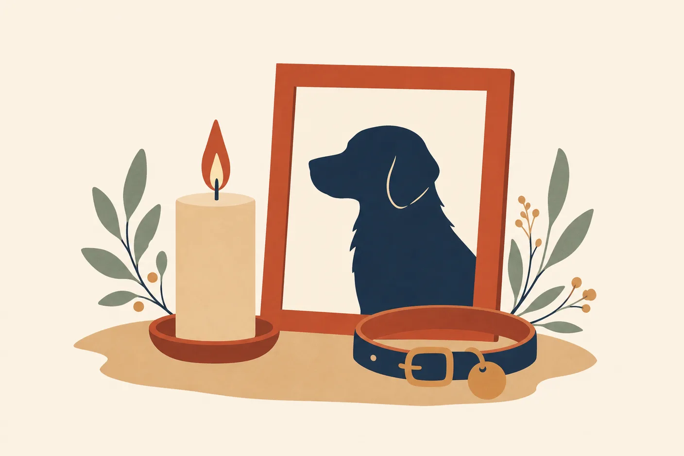 Illustration of a lit candle beside a pet collar and a framed silhouette of a dog, calm and gentle