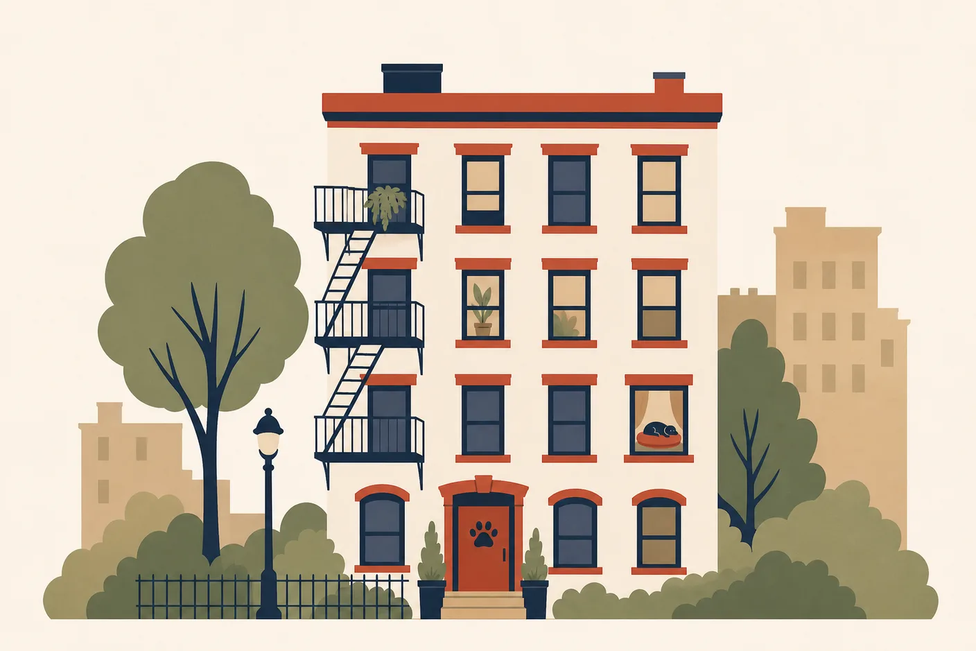 Illustration of an apartment building with a paw print on the front door and a pet bed visible in a window