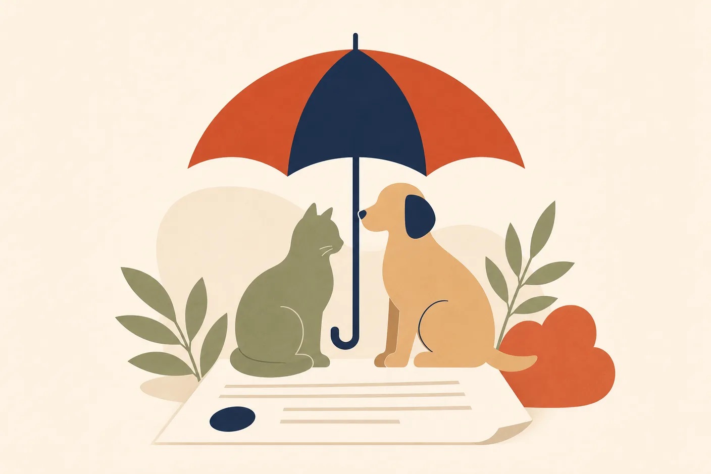Illustration of an umbrella sheltering a cat and a dog sitting side by side, a policy document beneath them