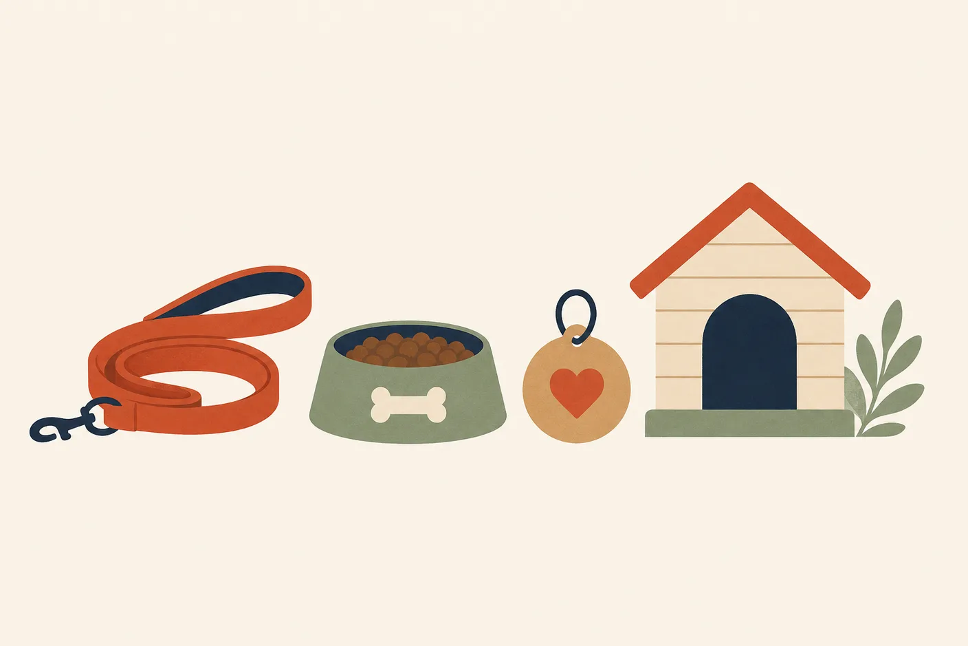 Illustration of a leash, a food bowl, a round ID tag, and a small doghouse arranged in a row