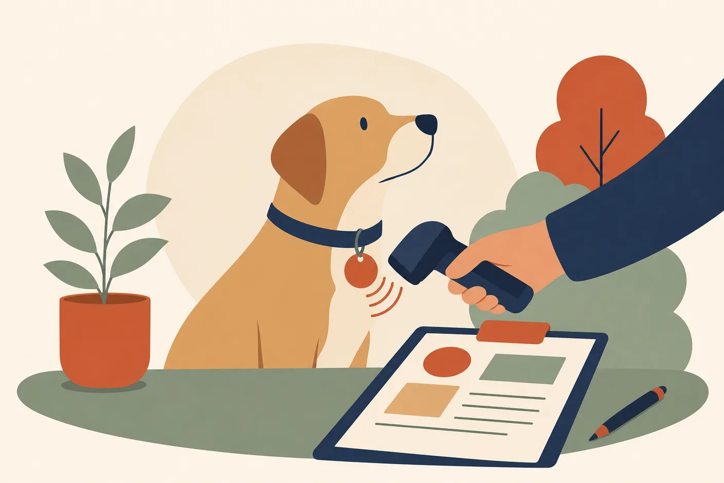 Illustration of a dog wearing a tag being scanned by a handheld reader, a registration form on the table