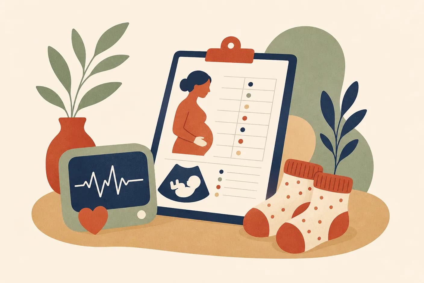 Illustration of a maternity checkup chart, a small heartbeat monitor line, and a pair of baby socks on a table