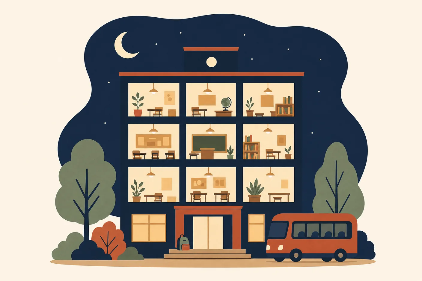 Illustration of a tall building of stacked glowing classroom windows at night with a crescent moon above, a small shuttle bus waiting at the entrance and a child-sized backpack beside the door