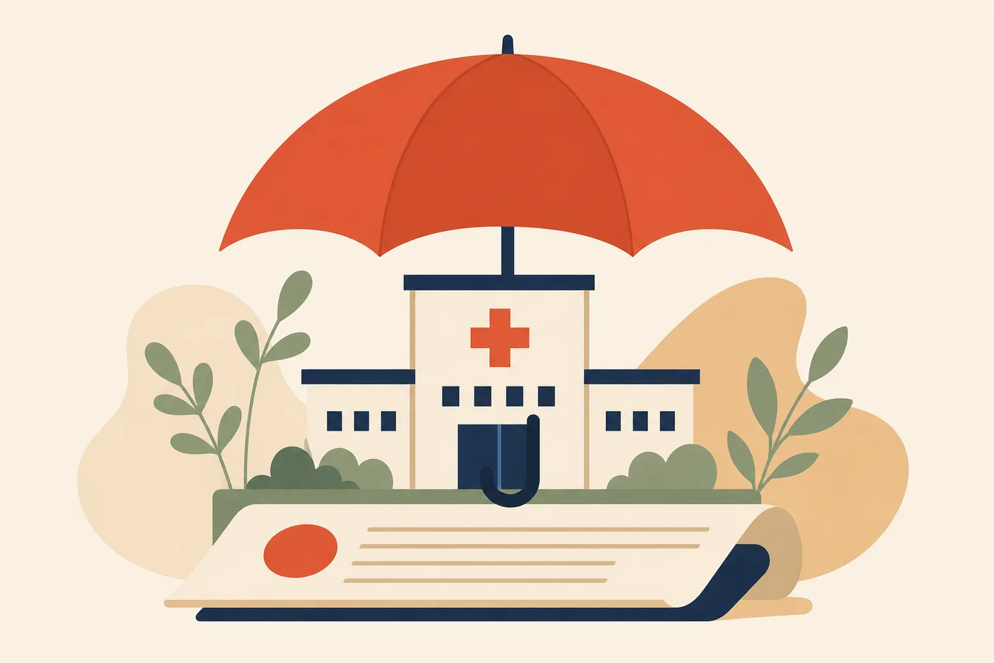 Illustration of an umbrella sheltering a small hospital building, a folded policy document beneath
