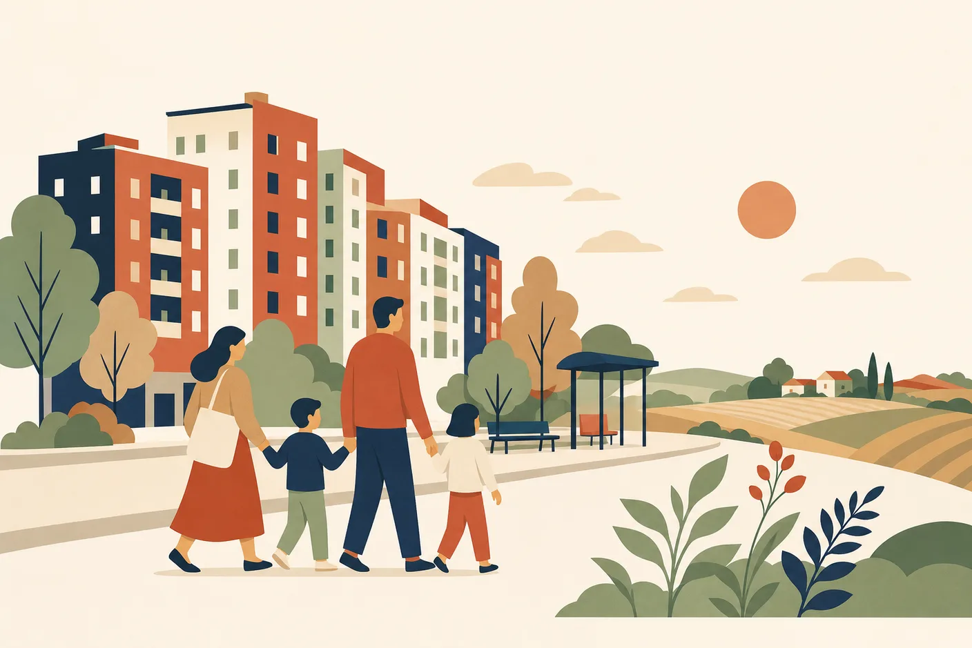 Illustration of a family walking past a row of mid-rise apartment buildings on a wide street with a small park, a bus stop and open farmland at the edge of town