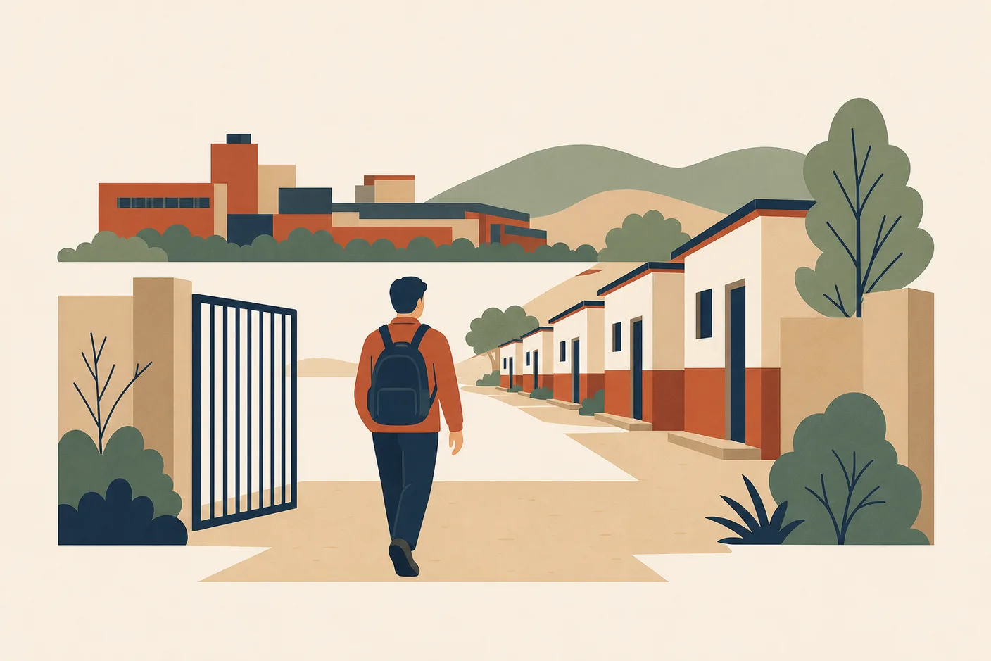 Illustration of a worker with a backpack walking from a factory gate toward a row of small low-rise one-room buildings, with a smokestack-free industrial park and hills behind