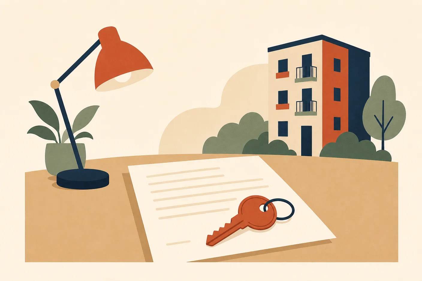 Illustration of a lease document with a door key resting on it, a desk lamp and a small apartment building silhouette in the background