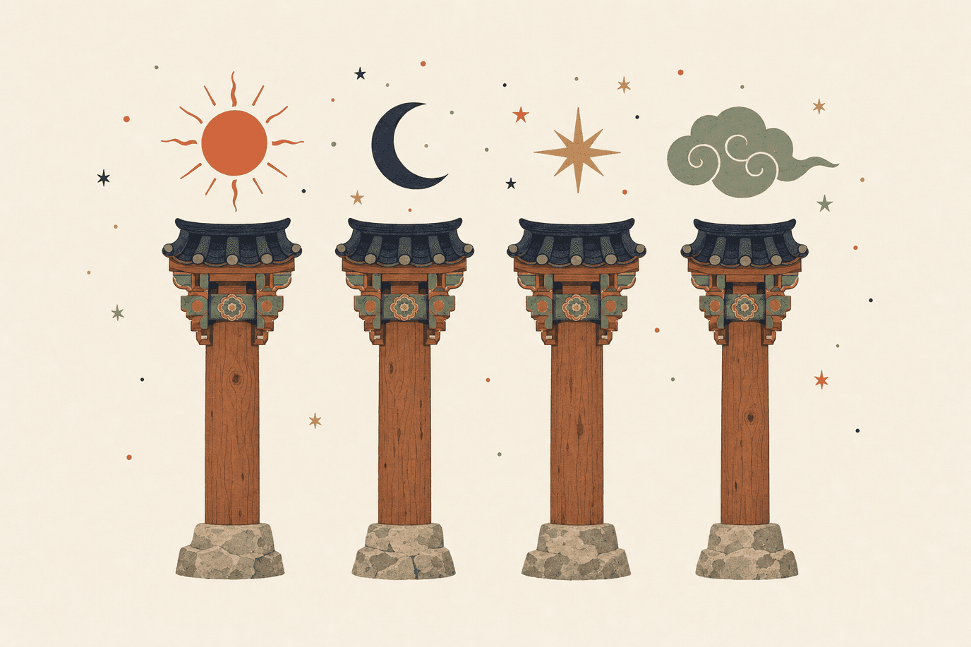 Illustration of four pillars topped with sun, moon, star, and cloud symbols