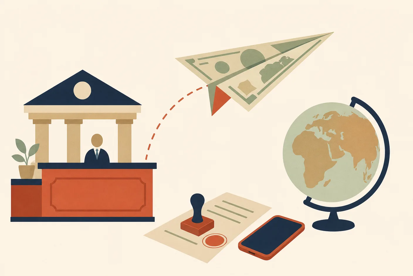 Illustration of a banknote folded into a paper plane arcing from a bank counter toward a small globe, a stamped document and a smartphone resting below