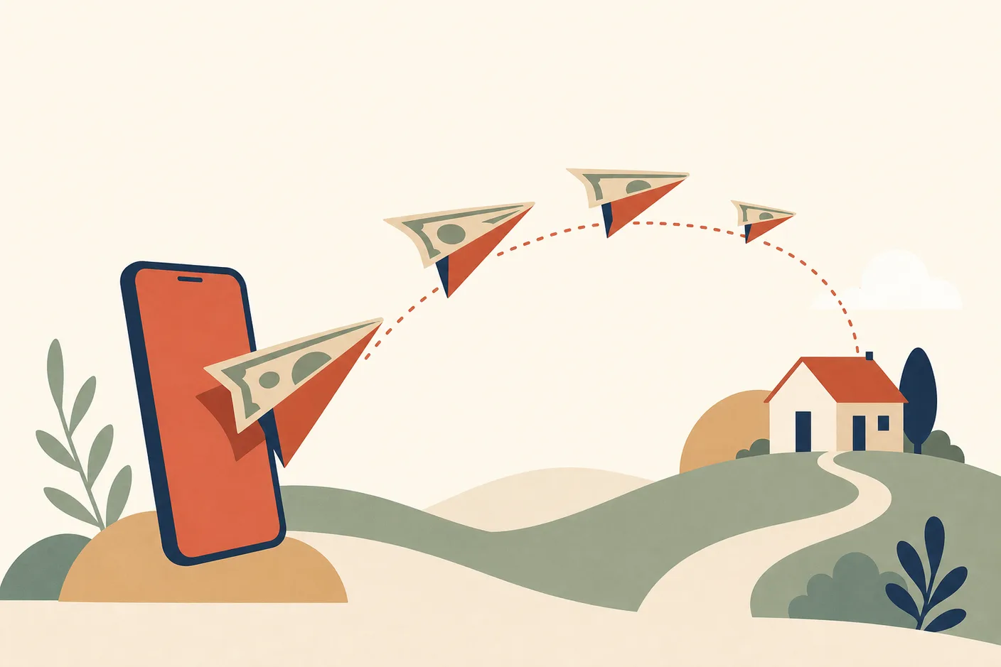 Illustration of banknotes folded into paper planes flying from a smartphone along a dotted arc toward a distant house