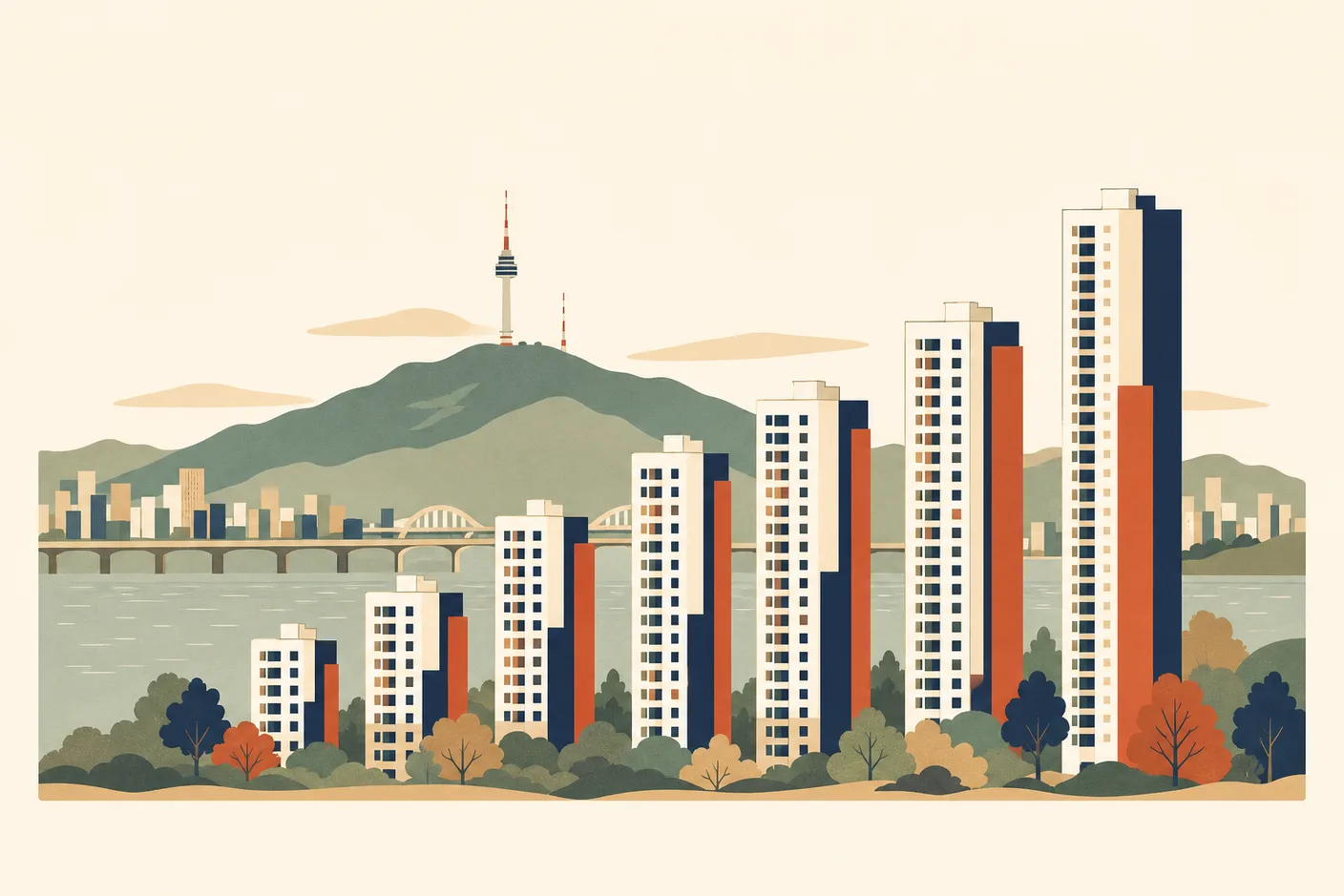 Illustration of a row of Seoul apartment towers of different heights arranged like a bar chart, with the Han River and a mountain ridge behind
