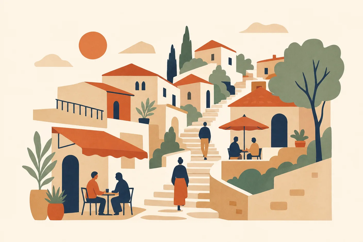 Illustration of a winding hillside alley with small cafes and staircases climbing between low houses