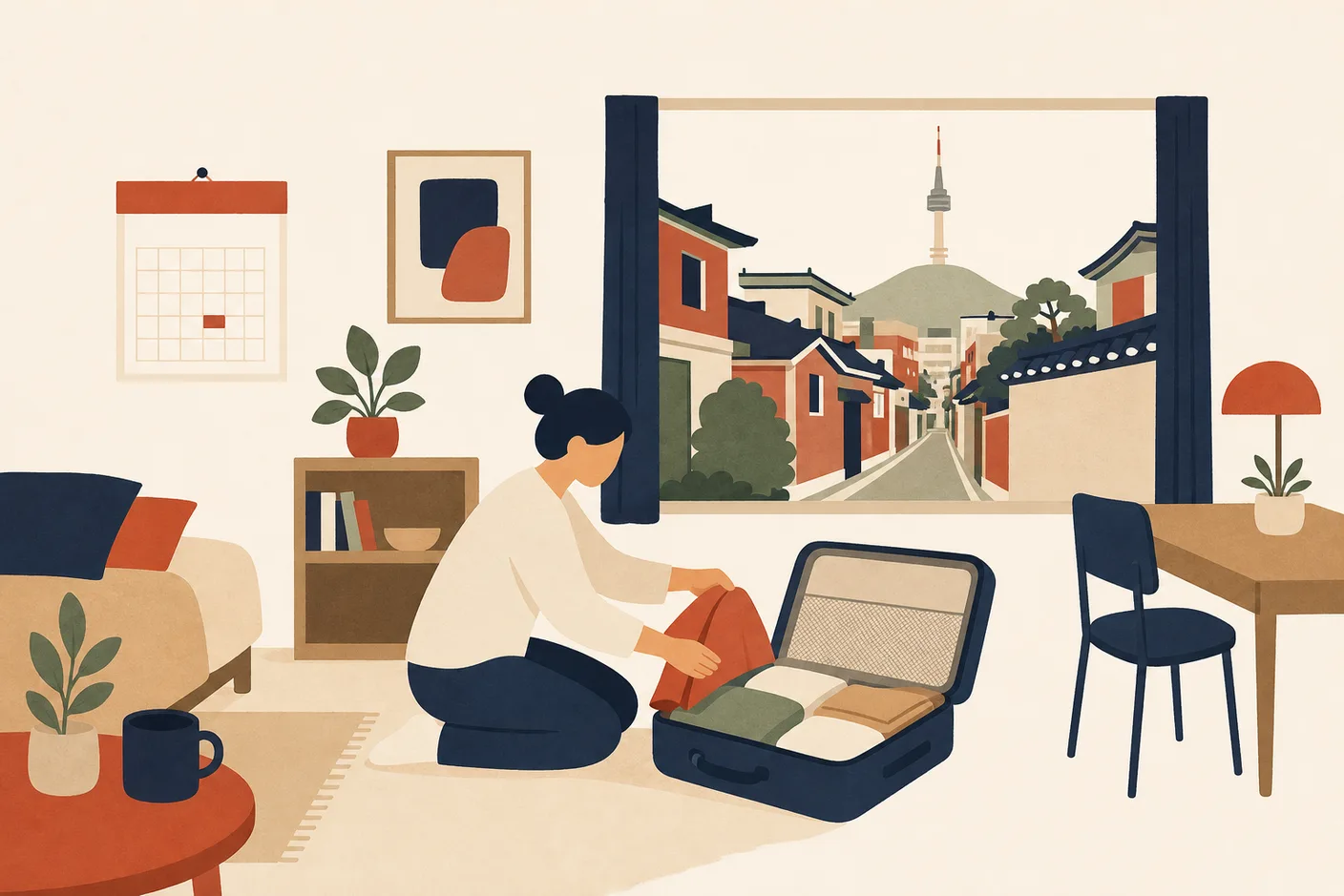 Illustration of a traveler unpacking a small suitcase in a simple furnished studio with a calendar on the wall, and a Seoul street of small buildings outside the window