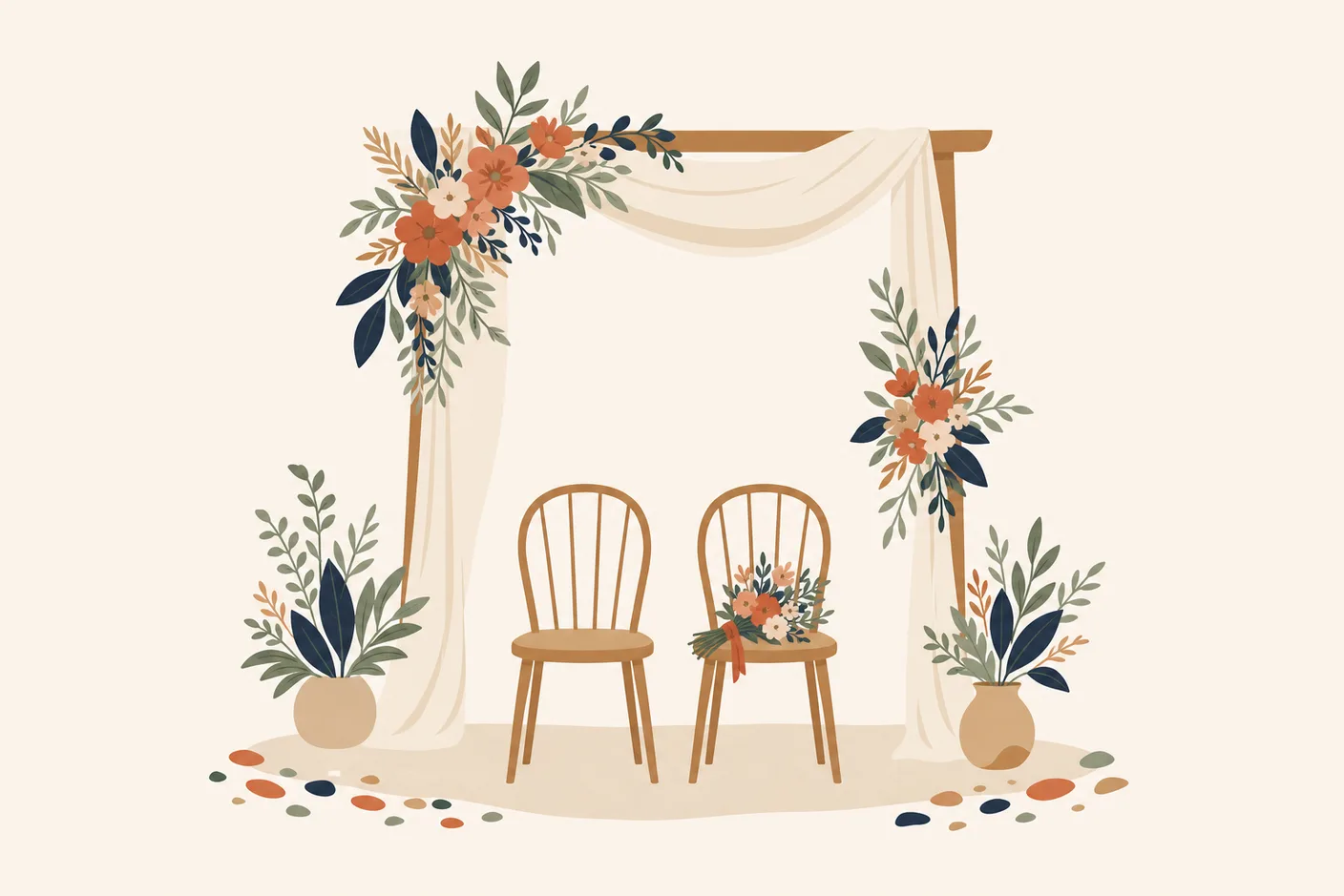 Illustration of a modest ceremony arch with two chairs and a small bouquet resting on one seat