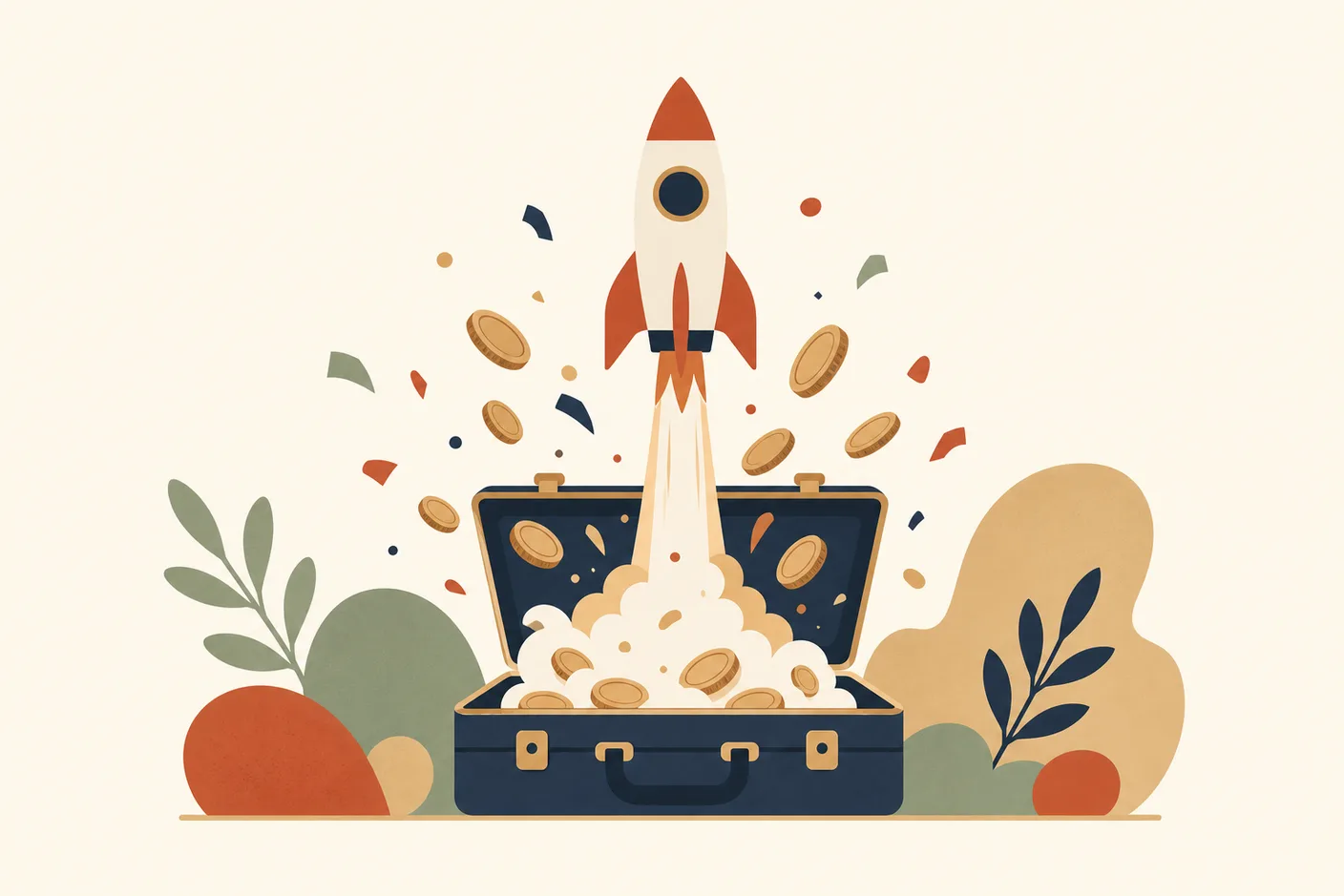 Illustration of a small rocket lifting off from an open briefcase, coins scattering like exhaust