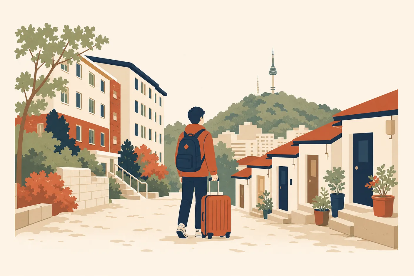 Illustration of a student with a backpack and a rolling suitcase outside a university dormitory and a row of small one-room buildings on a Seoul hillside street