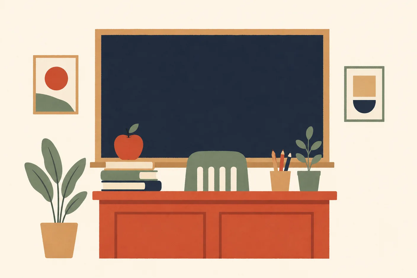 Illustration of a blackboard behind a teacher's desk holding an apple and a stack of books