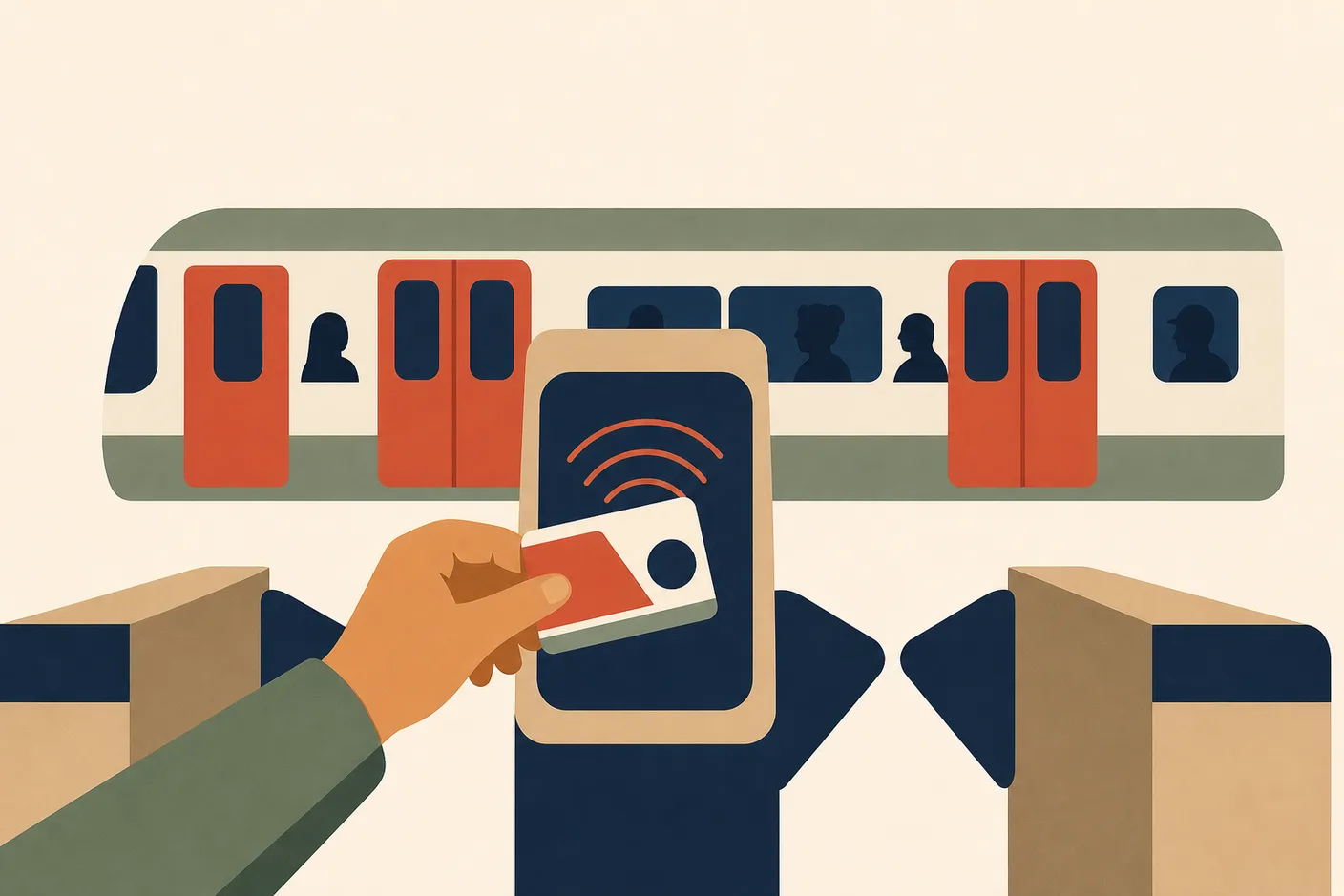 Illustration of a transit card held against a turnstile reader with concentric signal arcs, a subway train silhouette passing behind