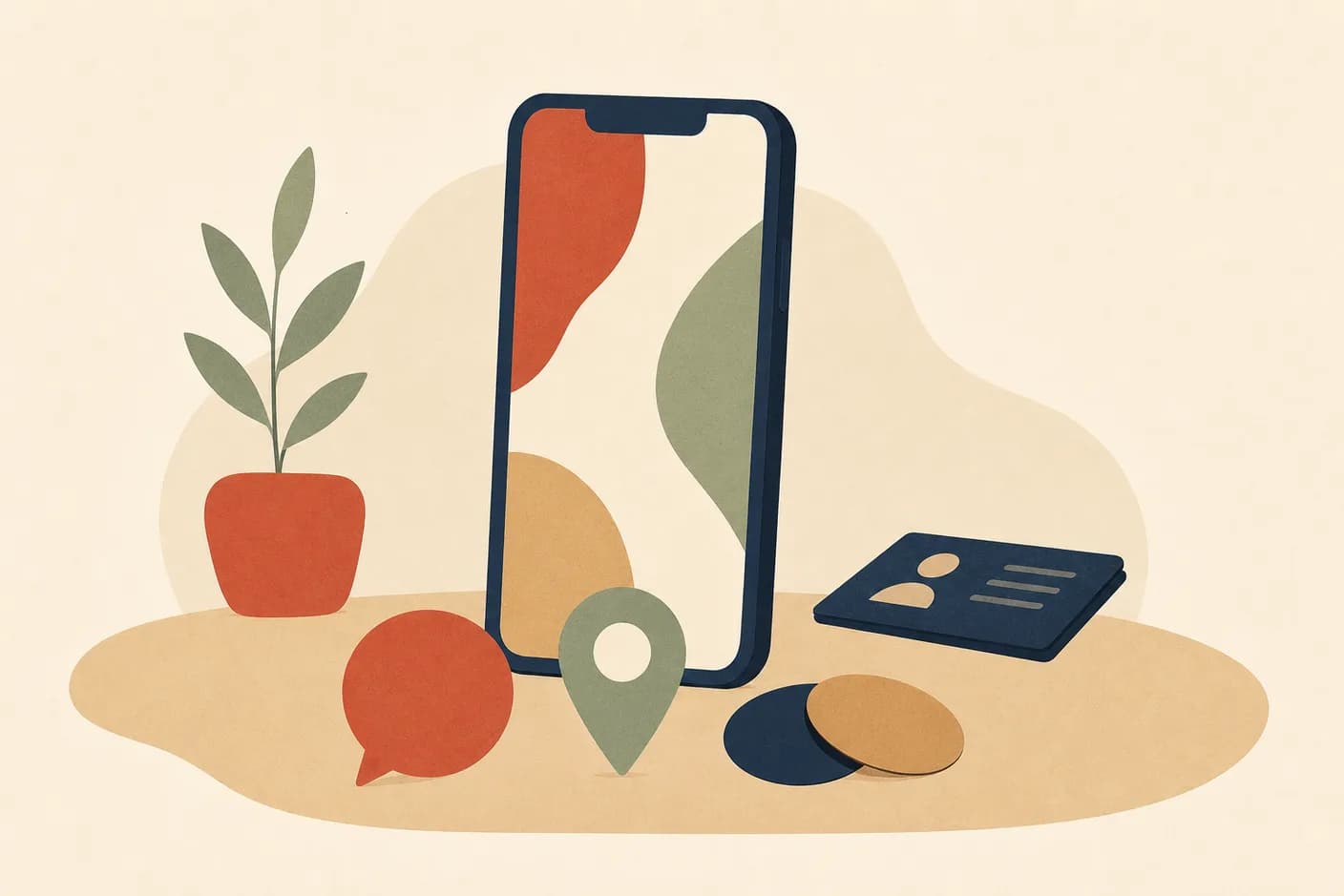 Illustration of a smartphone standing on a table with three small objects clustered in front of the screen: a round speech bubble, a teardrop map pin, and two overlapping ovals, a closed ID card lying further back